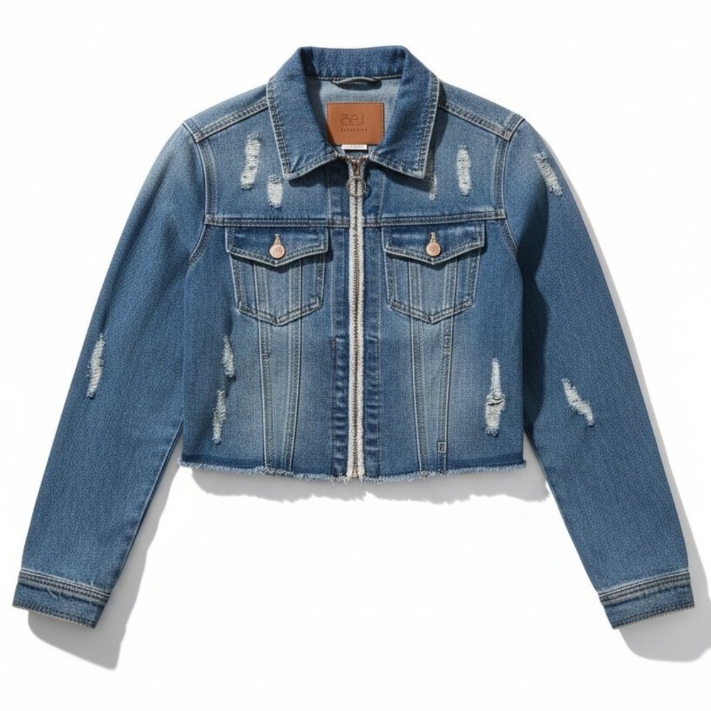 BBJ Los Angeles Distressed Denim Jacket, Medium Wash Zip Up, Cropped, Kids Large